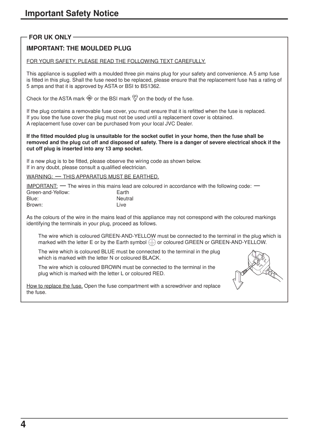 JVC GD-V501PCE manual Important Safety Notice, For UK only Important the Moulded Plug 