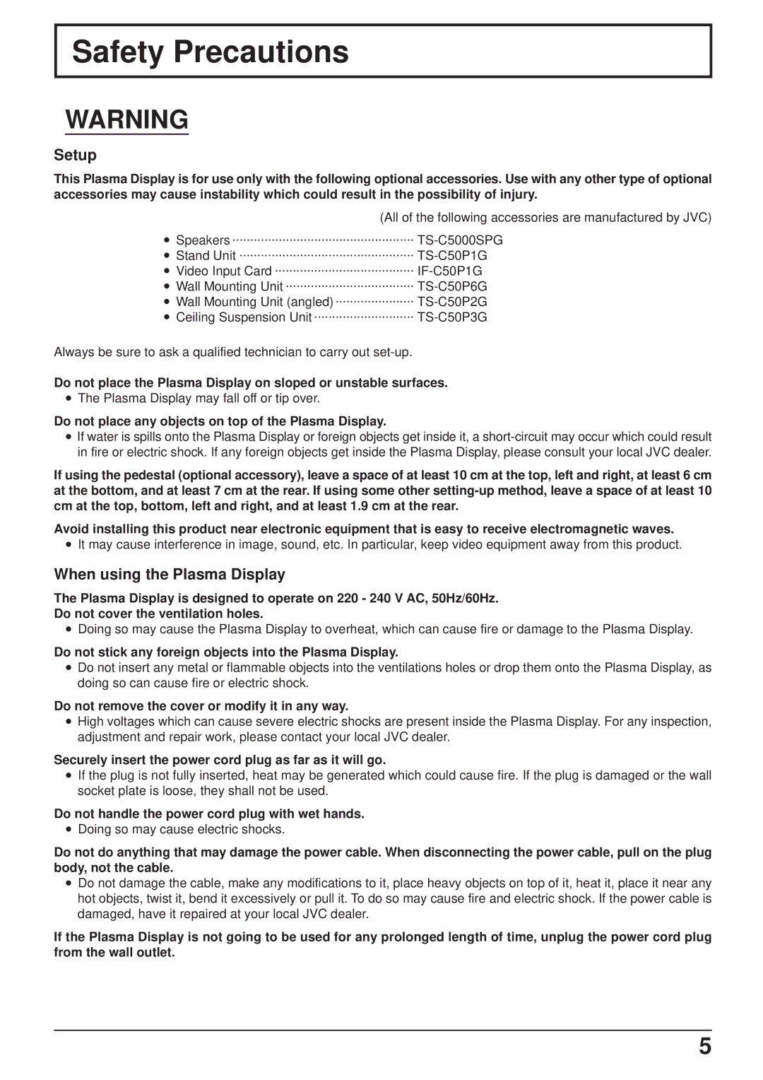 JVC GD-V501PCE manual Safety Precautions, Setup, When using the Plasma Display 