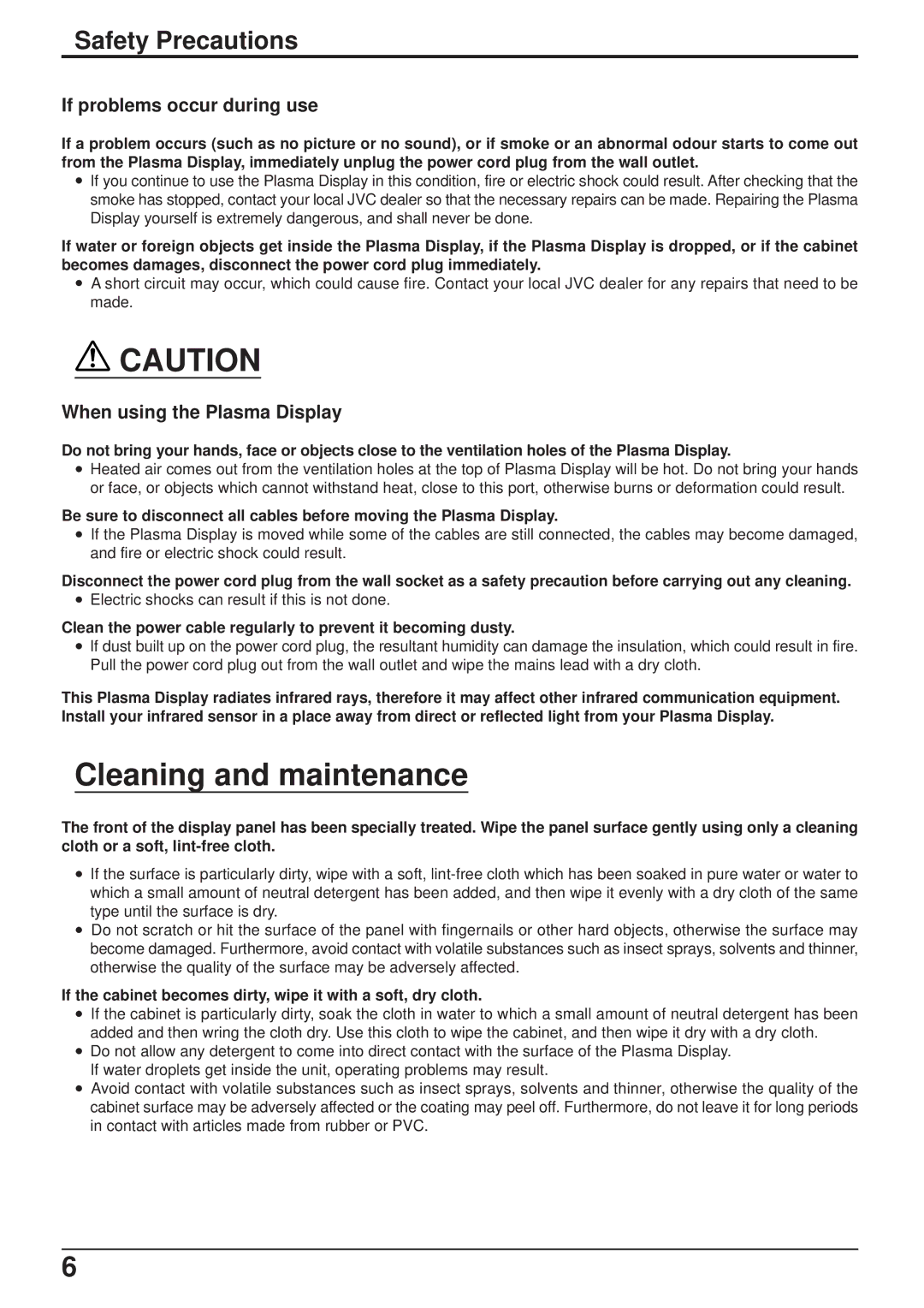 JVC GD-V501PCE manual Cleaning and maintenance, Safety Precautions, If problems occur during use 