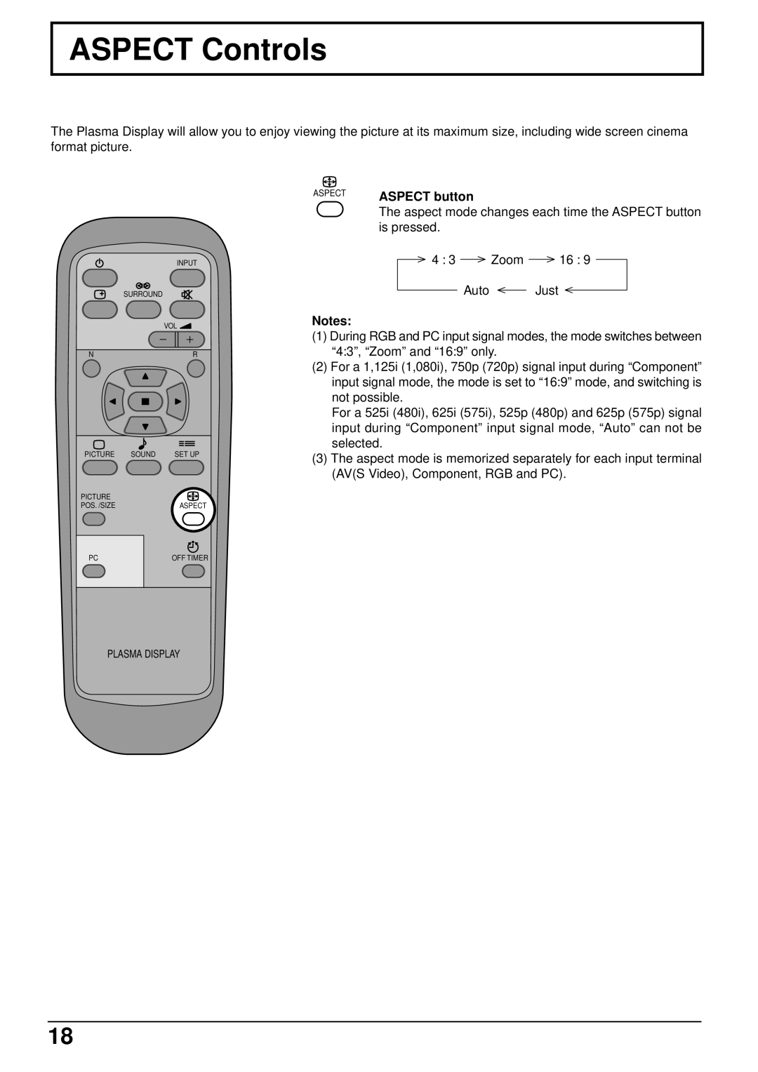JVC GD-V501PCE manual ASPECT Controls, Plasma Display 