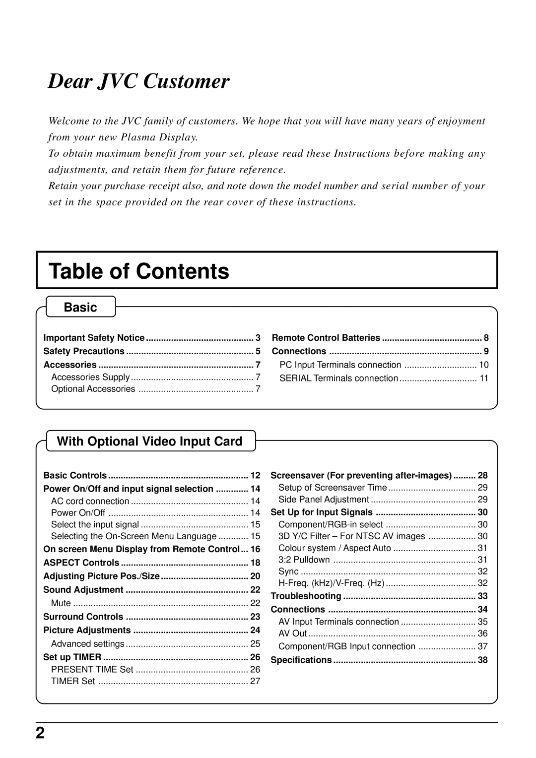 JVC GD-V501PCE manual Table of Contents, Dear JVC Customer, Basic, With Optional Video Input Card 