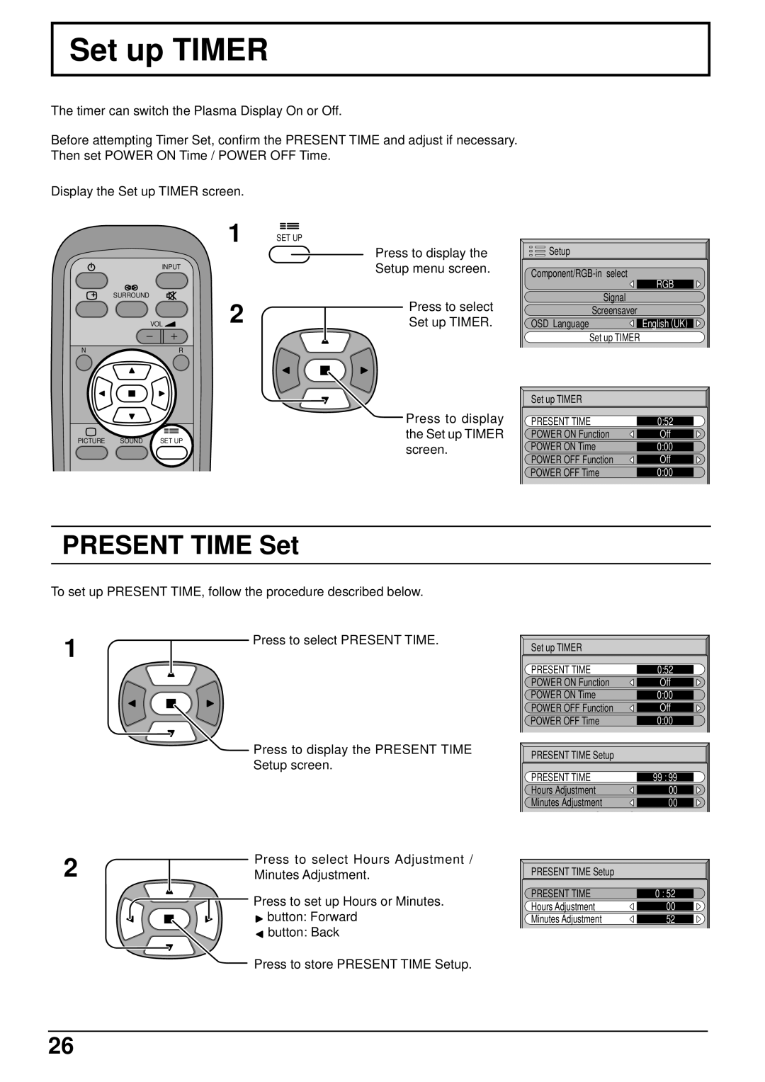JVC GD-V501PCE manual Set up TIMER, PRESENT TIME Set 
