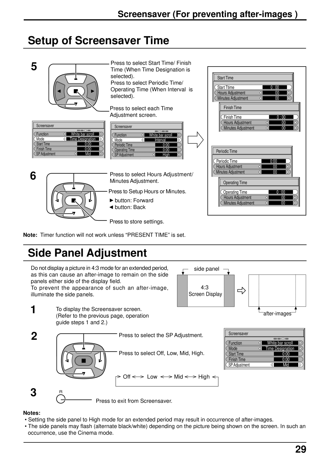 JVC GD-V501PCE manual Setup of Screensaver Time, Side Panel Adjustment, Screensaver For preventing after-images 