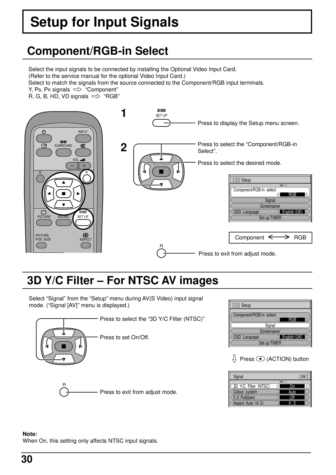 JVC GD-V501PCE manual Setup for Input Signals, Component/RGB-in Select, 3D Y/C Filter - For NTSC AV images 