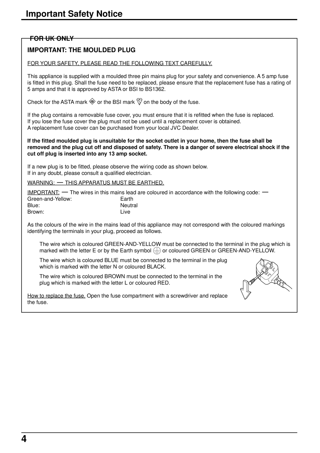 JVC GD-V501PCE manual Important Safety Notice, For Uk Only Important The Moulded Plug 