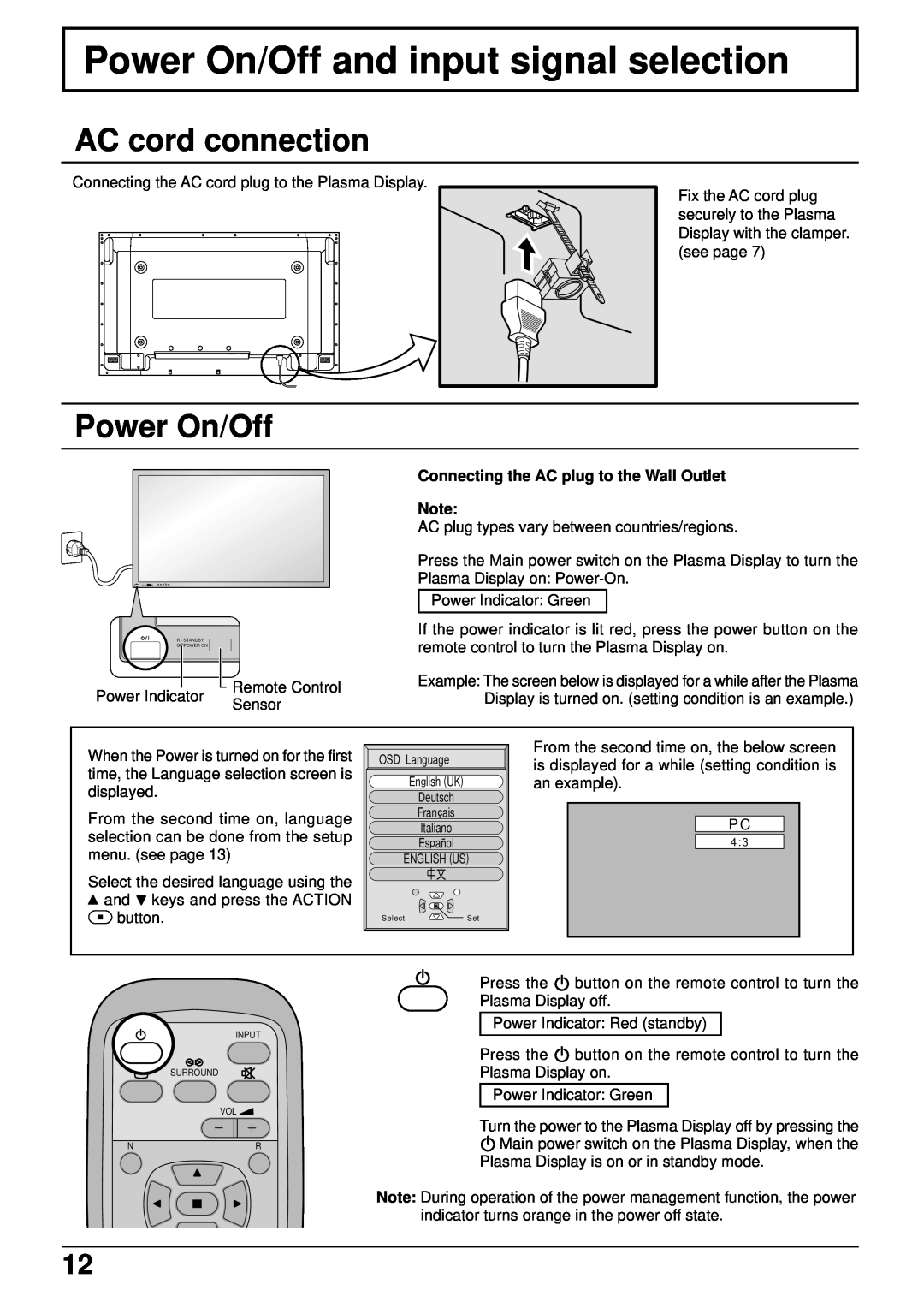 JVC GD-V502PCE manual Power On/Off and input signal selection, AC cord connection 