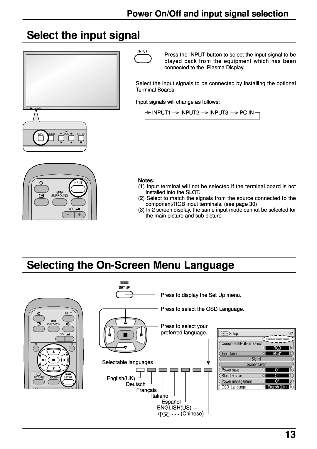 JVC GD-V502PCE Select the input signal, Selecting the On-Screen Menu Language, Power On/Off and input signal selection 