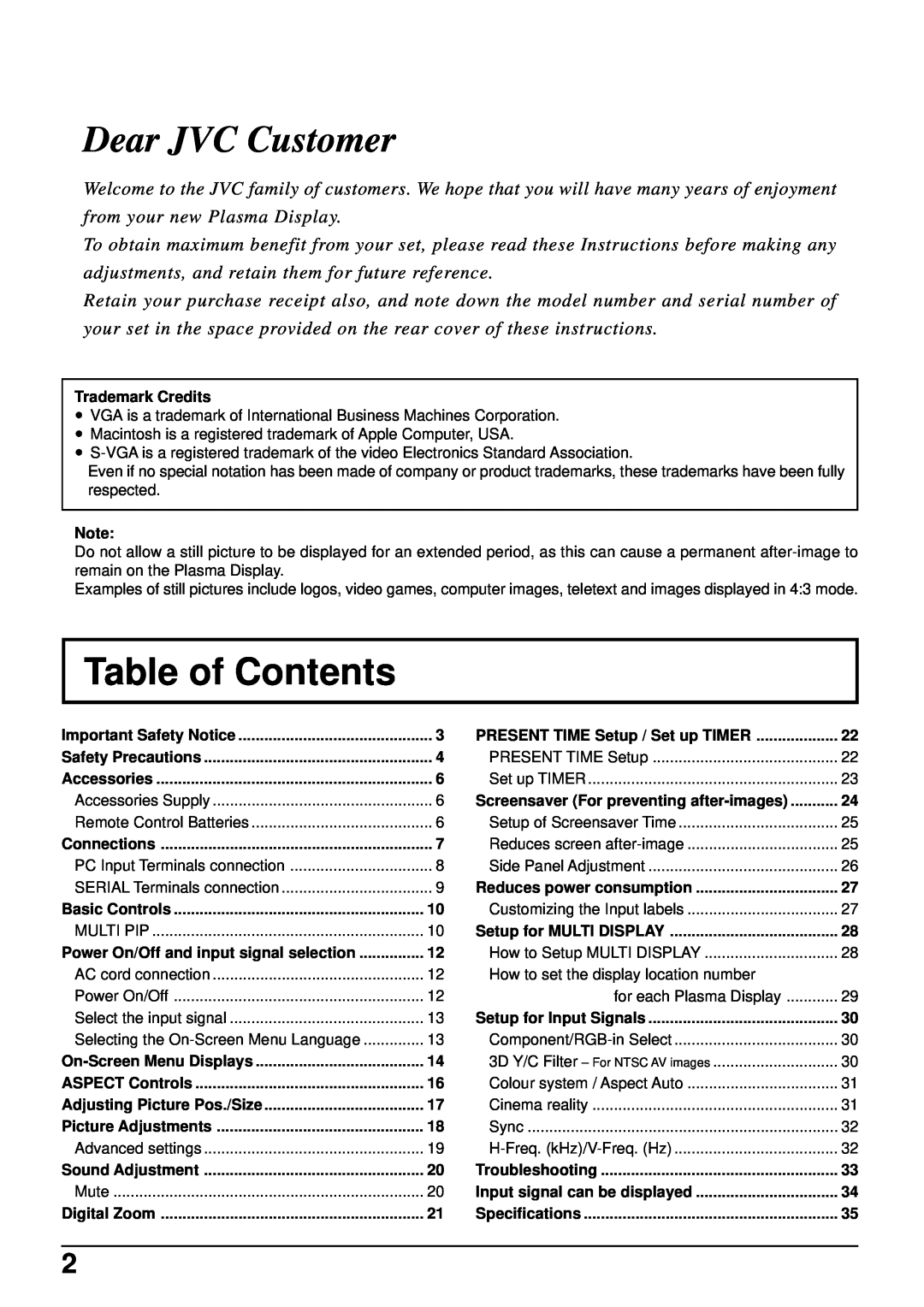 JVC GD-V502PCE manual Table of Contents, Dear JVC Customer 