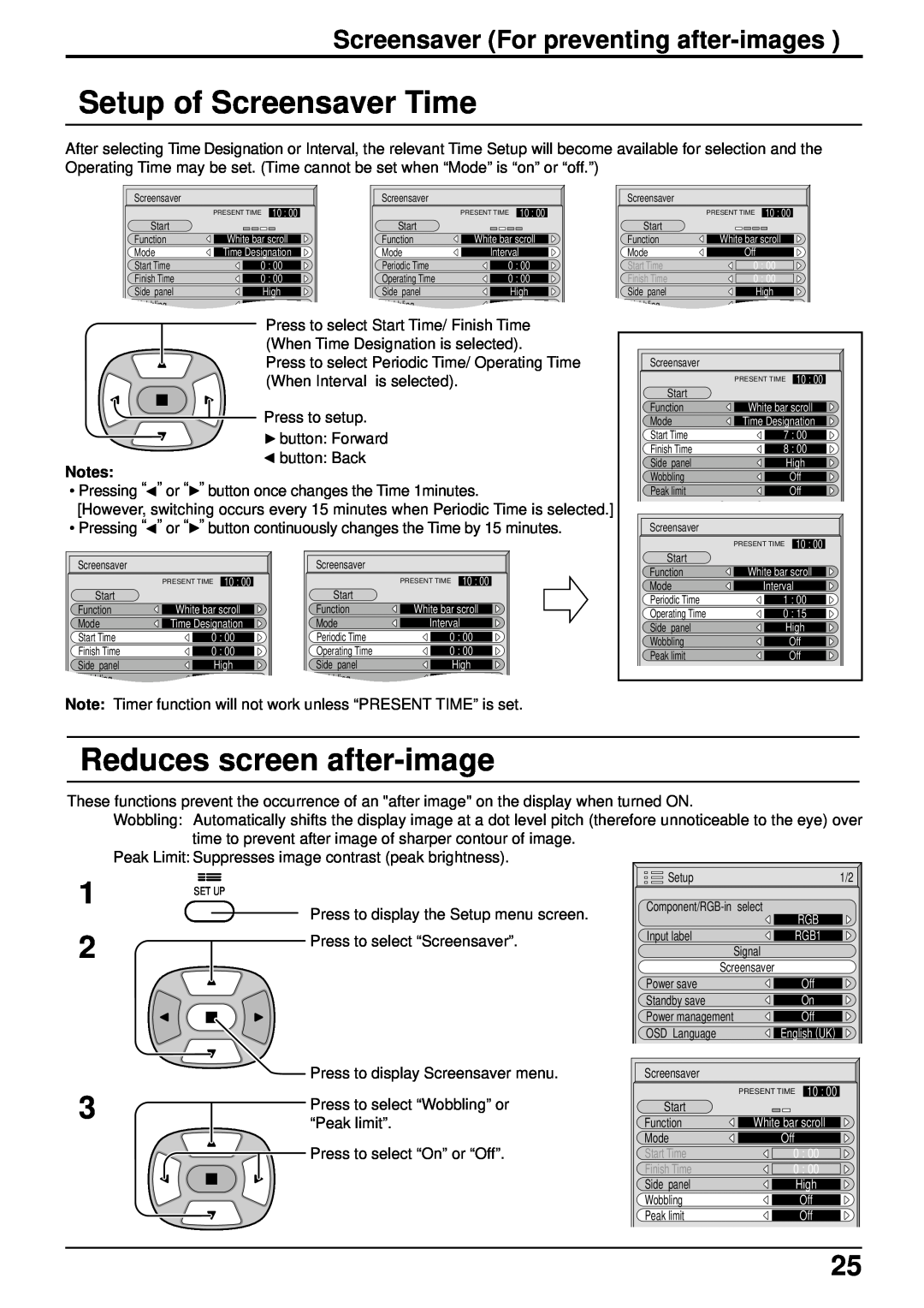 JVC GD-V502PCE manual Setup of Screensaver Time, Reduces screen after-image, Screensaver For preventing after-images 