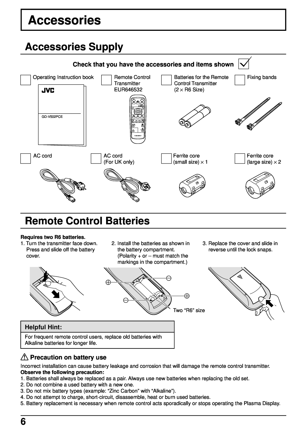 JVC GD-V502PCE manual Accessories Supply, Remote Control Batteries, Check that you have the accessories and items shown 