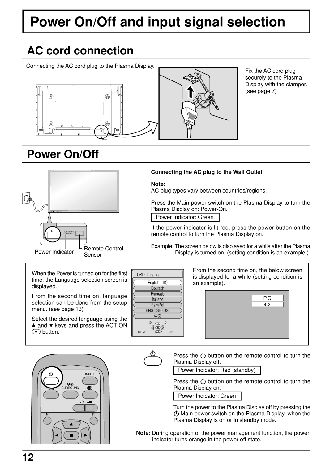 JVC GD-V502PCE manual Power On/Off and input signal selection, AC cord connection, Power Indicator Remote Control Sensor 