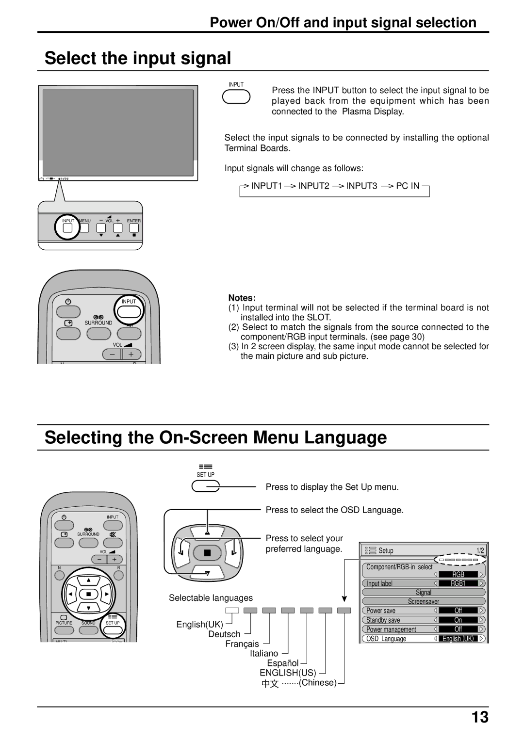 JVC GD-V502PCE Select the input signal, Selecting the On-Screen Menu Language, INPUT1 INPUT2 INPUT3, Englishus, Chinese 