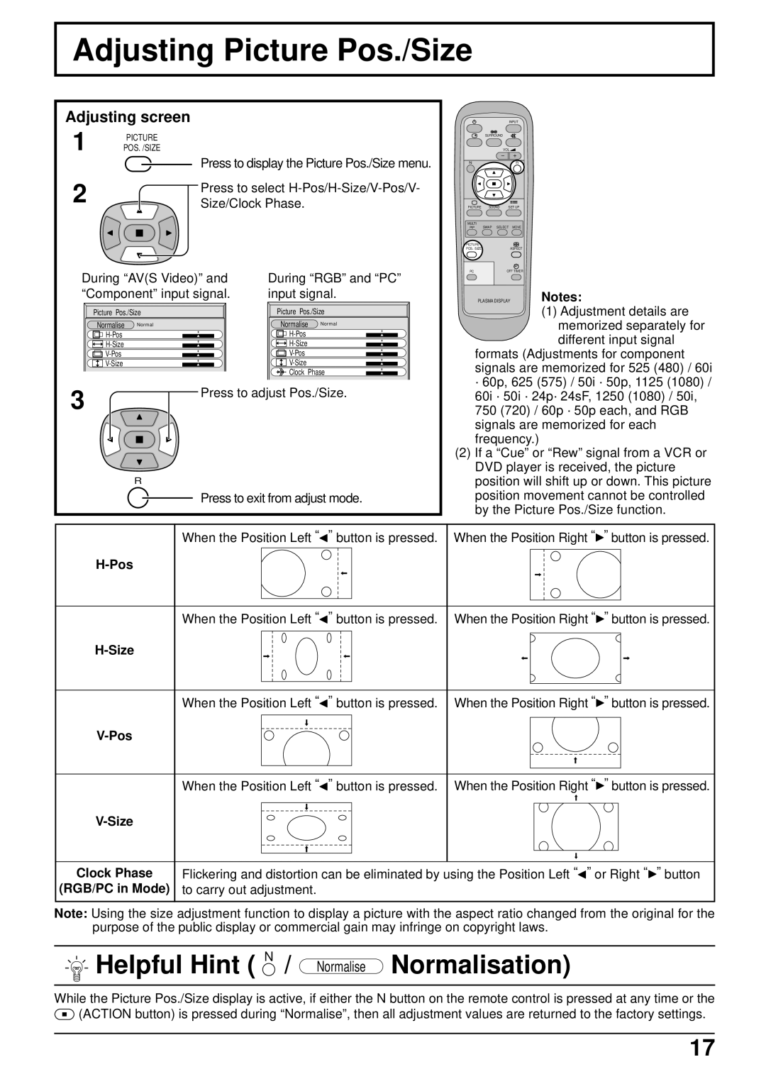 JVC GD-V502PCE manual Adjusting Picture Pos./Size, Helpful Hint N / Normalise Normalisation, Adjusting screen 