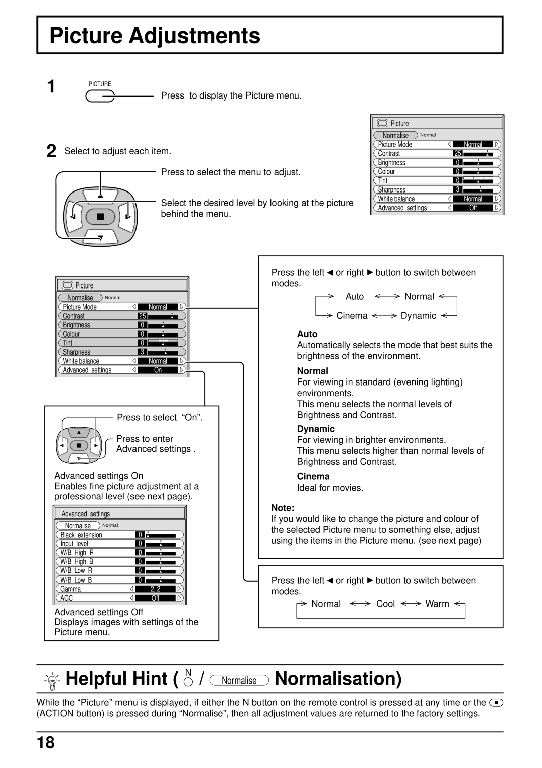 JVC GD-V502PCE manual Picture Adjustments, Normal, Dynamic, Cinema 