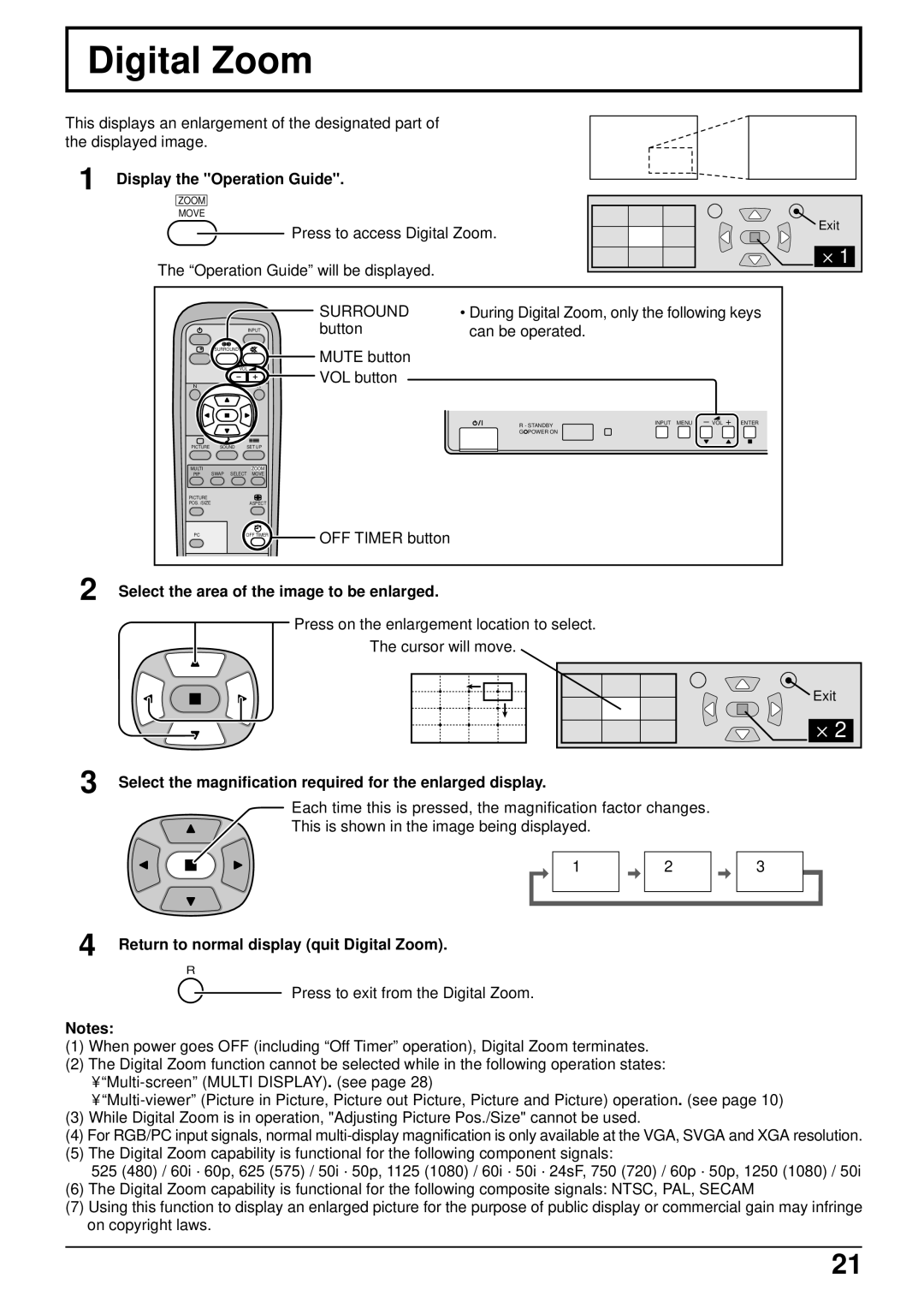 JVC GD-V502PCE manual Digital Zoom, Display the Operation Guide, Select the area of the image to be enlarged 