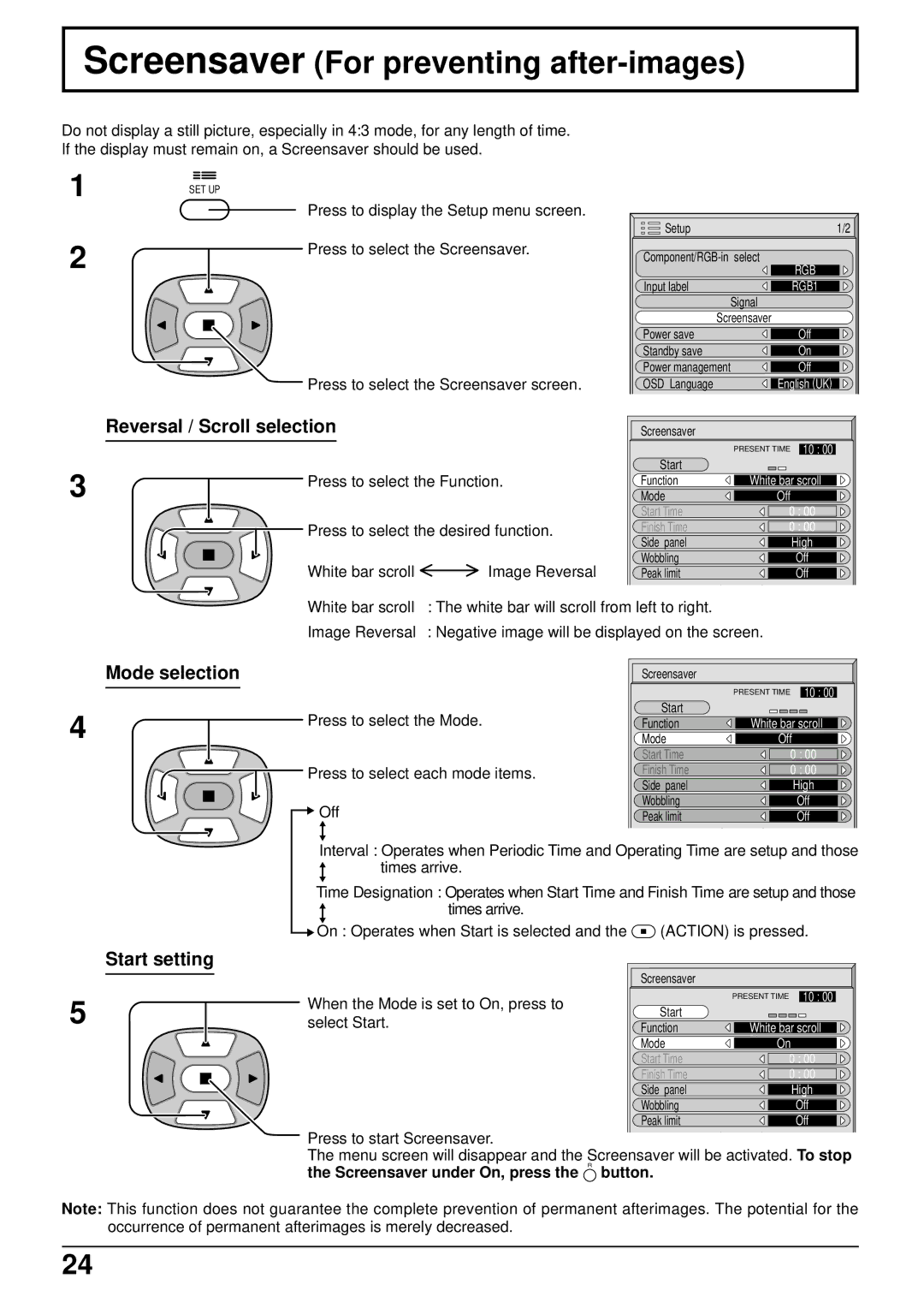 JVC GD-V502PCE manual Screensaver For preventing after-images, Reversal / Scroll selection, Mode selection, Start setting 