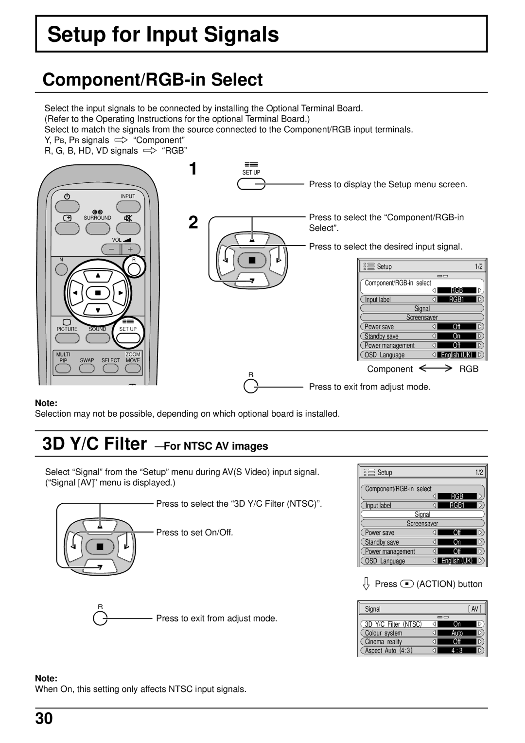 JVC GD-V502PCE manual Setup for Input Signals, Component/RGB-in Select, 3D Y/C Filter For Ntsc AV images, Rgb 