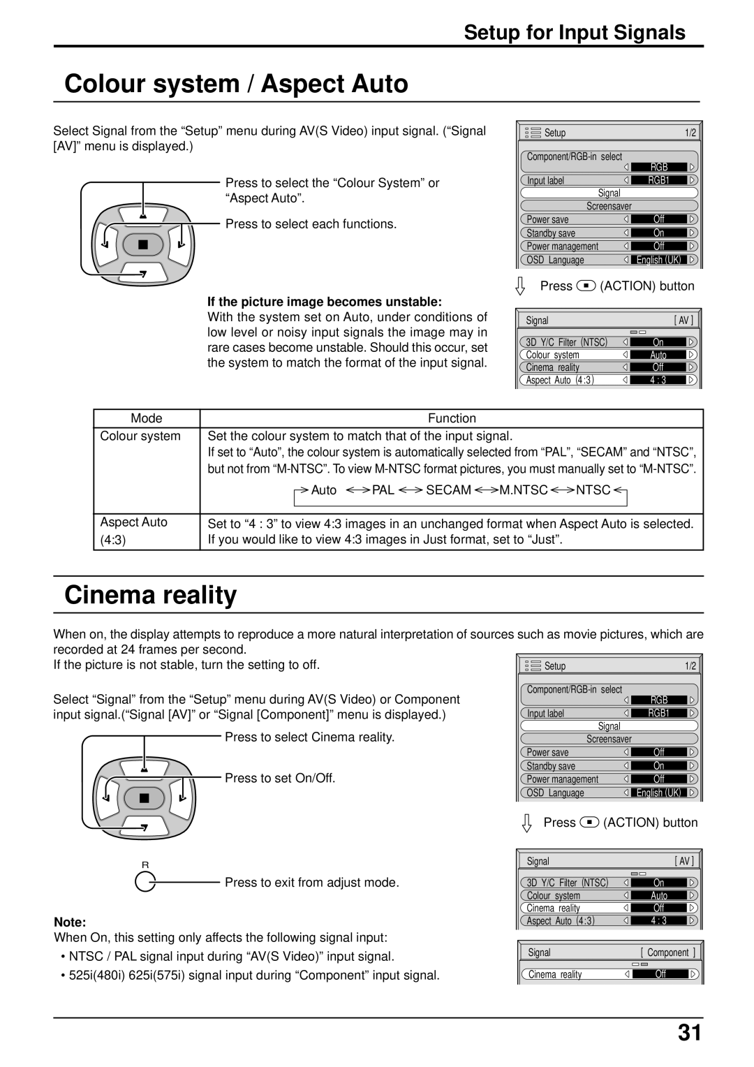 JVC GD-V502PCE manual Colour system / Aspect Auto, Cinema reality, If the picture image becomes unstable, PAL Secam Ntsc 