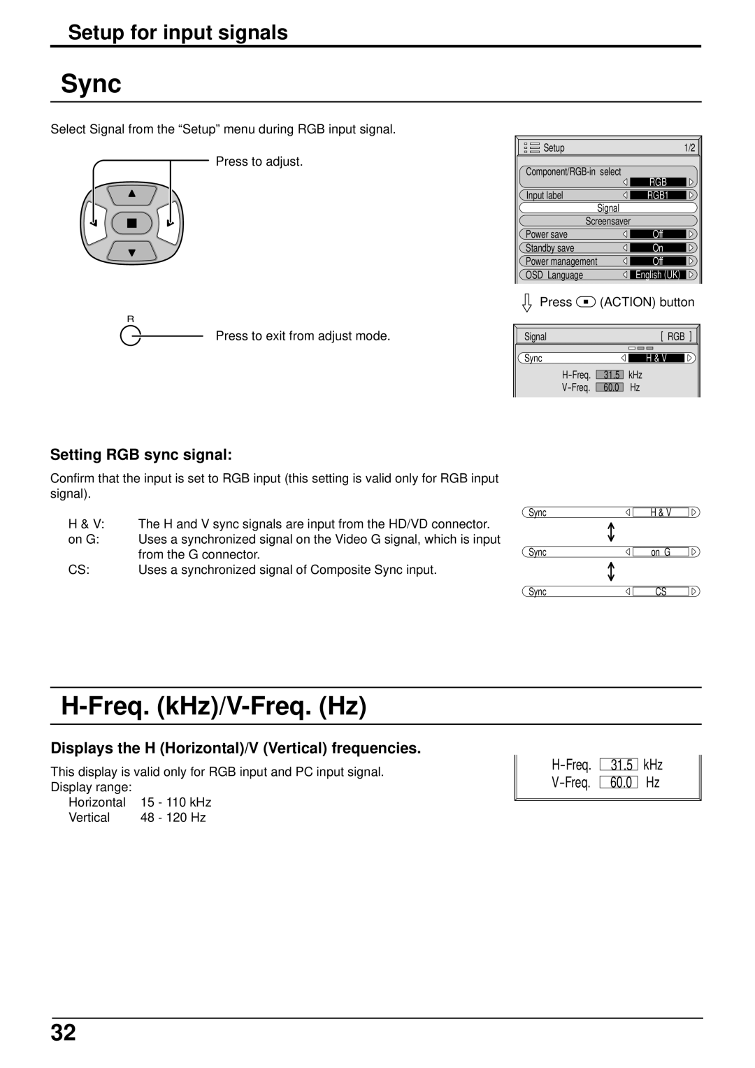 JVC GD-V502PCE manual Sync, Freq. kHz/V-Freq. Hz, Setting RGB sync signal, Displays the H Horizontal/V Vertical frequencies 