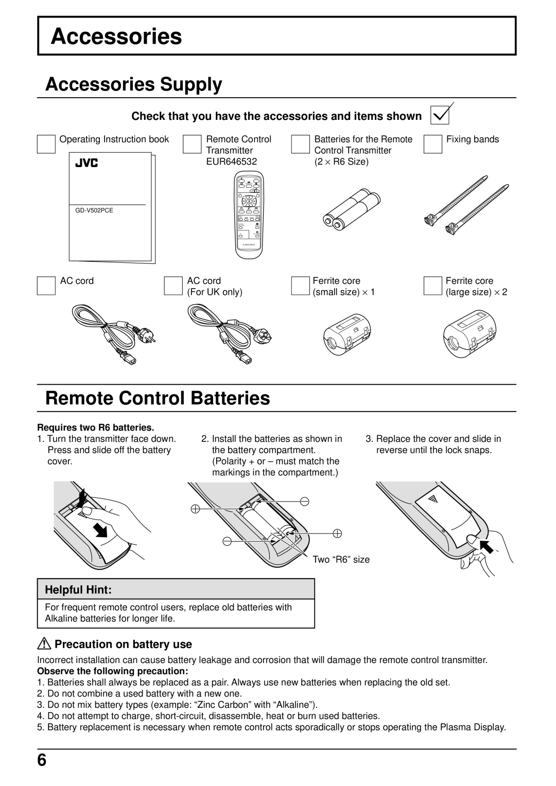 JVC GD-V502PCE manual Accessories Supply, Remote Control Batteries 