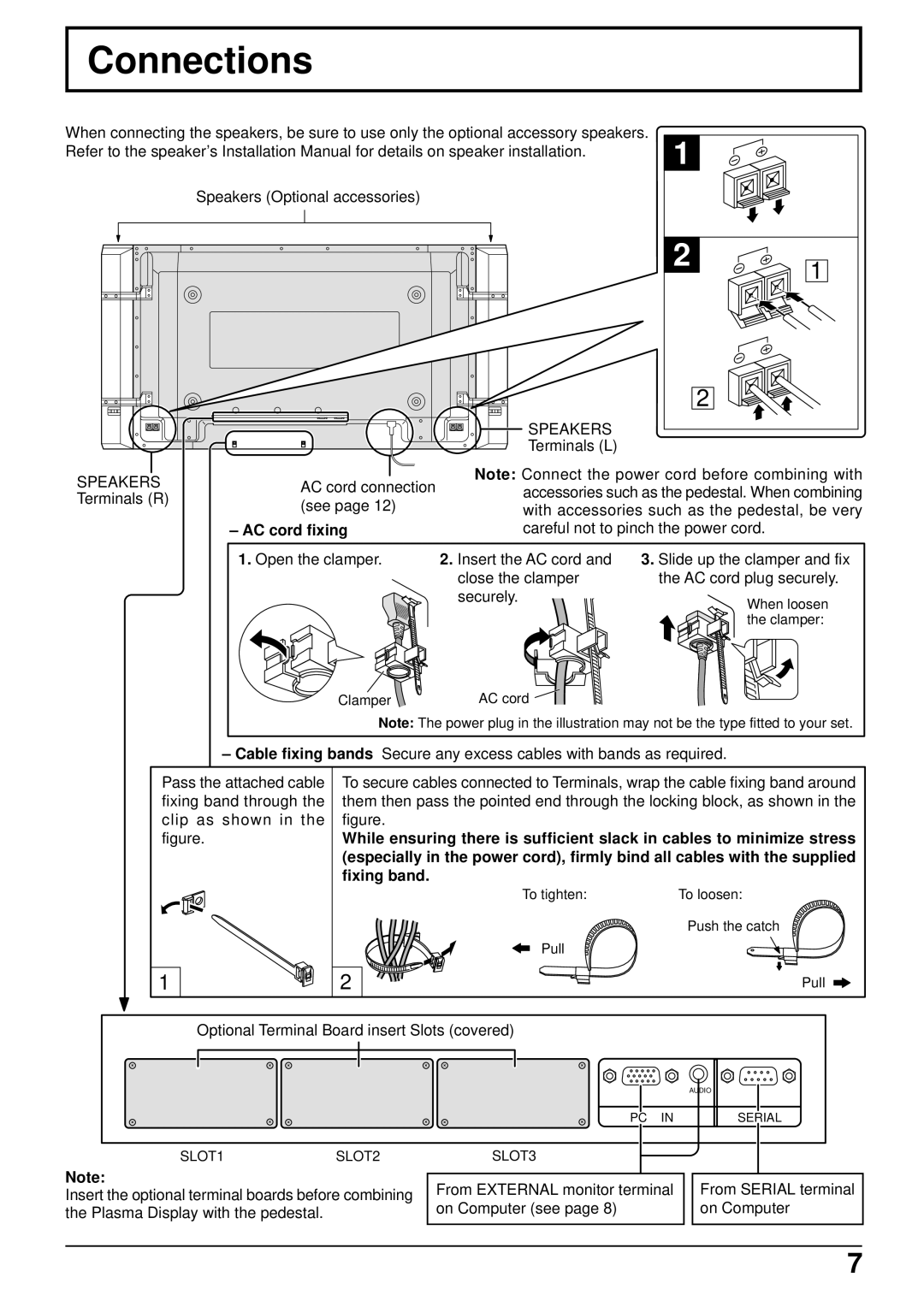 JVC GD-V502PCE manual Connections, Speakers, AC cord fixing 