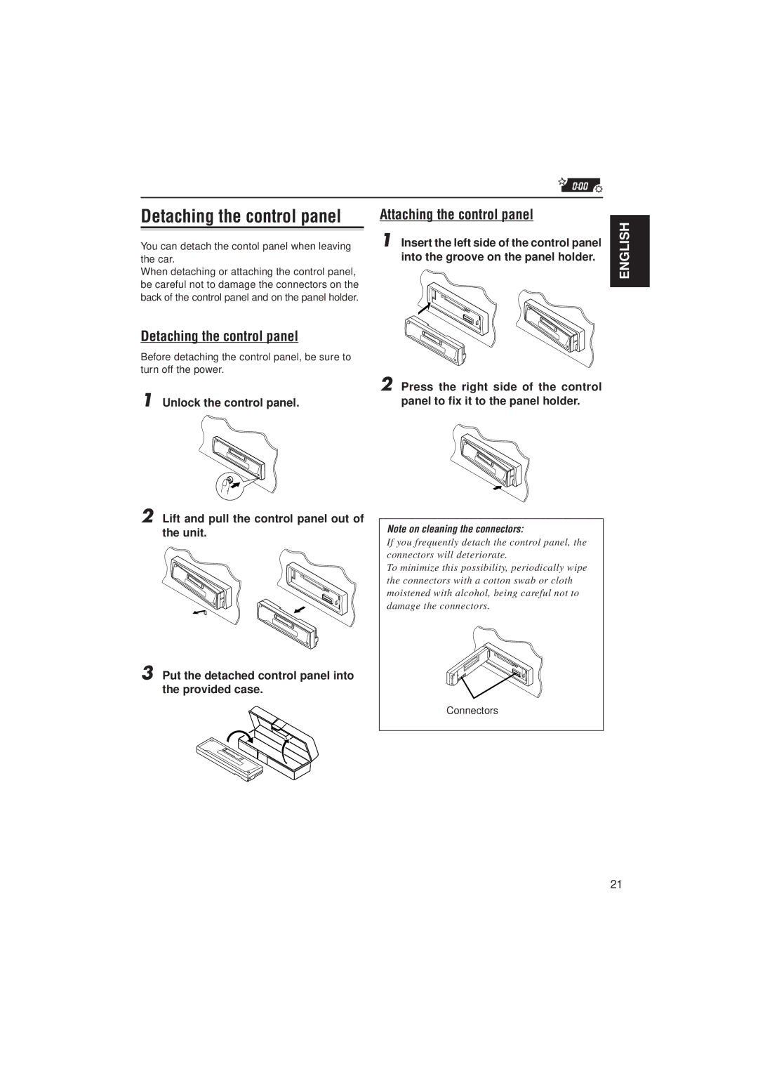 JVC GET0054-001A manual Detaching the control panel, Attaching the control panel, Connectors 