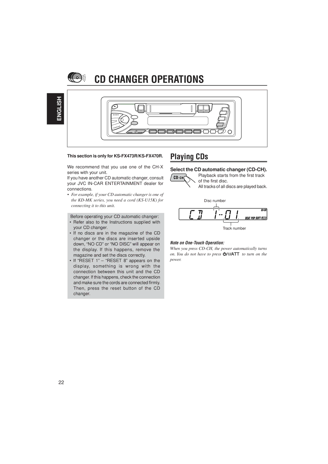 JVC GET0054-001A manual CD Changer Operations, Playing CDs, Select the CD automatic changer CD-CH 