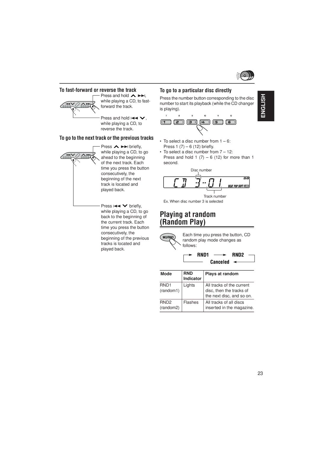 JVC GET0054-001A To fast-forward or reverse the track, To go to a particular disc directly, Canceled, Plays at random 