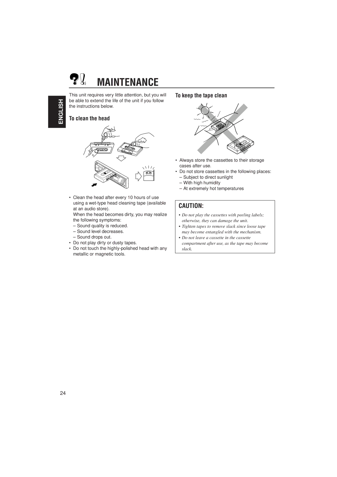 JVC GET0054-001A manual Maintenance, To clean the head, To keep the tape clean 