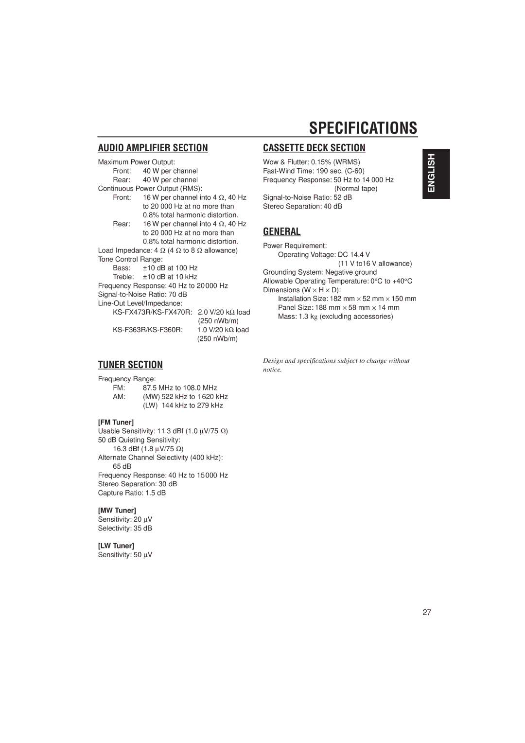 JVC GET0054-001A manual Specifications, FM Tuner, MW Tuner, LW Tuner 