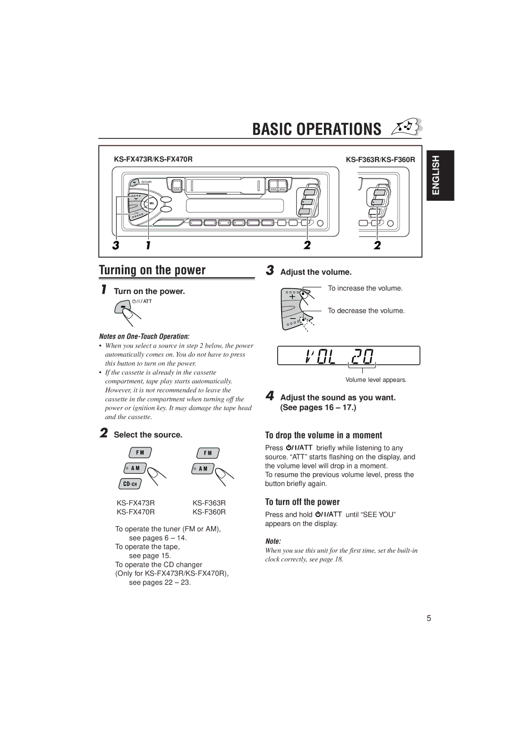 JVC GET0054-001A manual Basic Operations, To drop the volume in a moment, To turn off the power, Select the source 