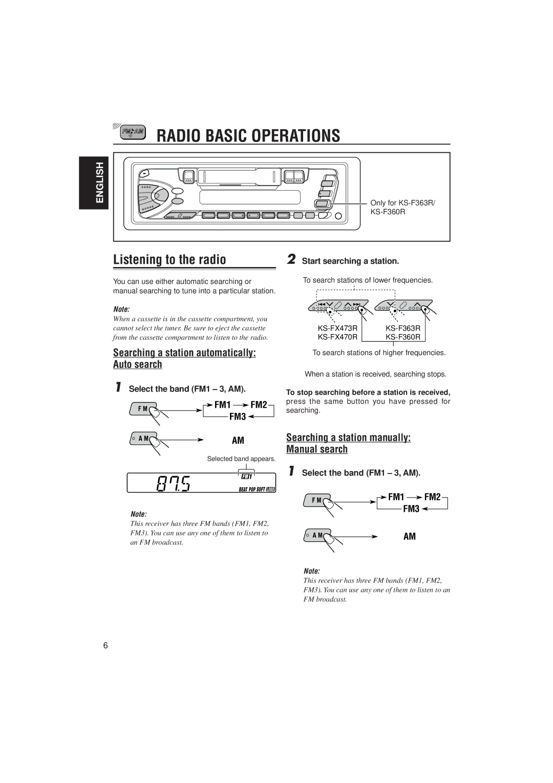 JVC GET0054-001A manual Radio Basic Operations, Listening to the radio, Searching a station automatically Auto search 