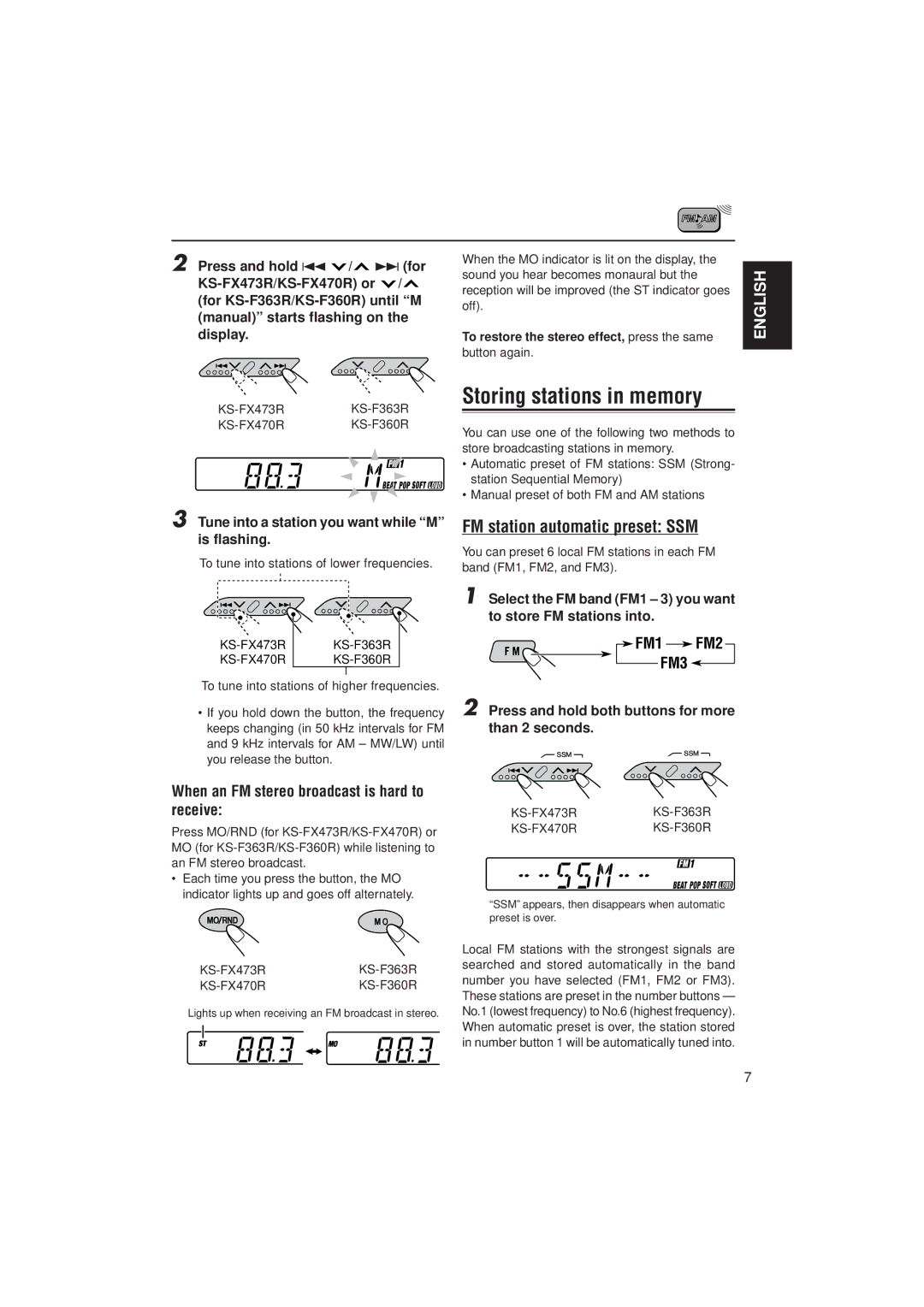 JVC GET0054-001A manual Storing stations in memory, FM station automatic preset SSM 