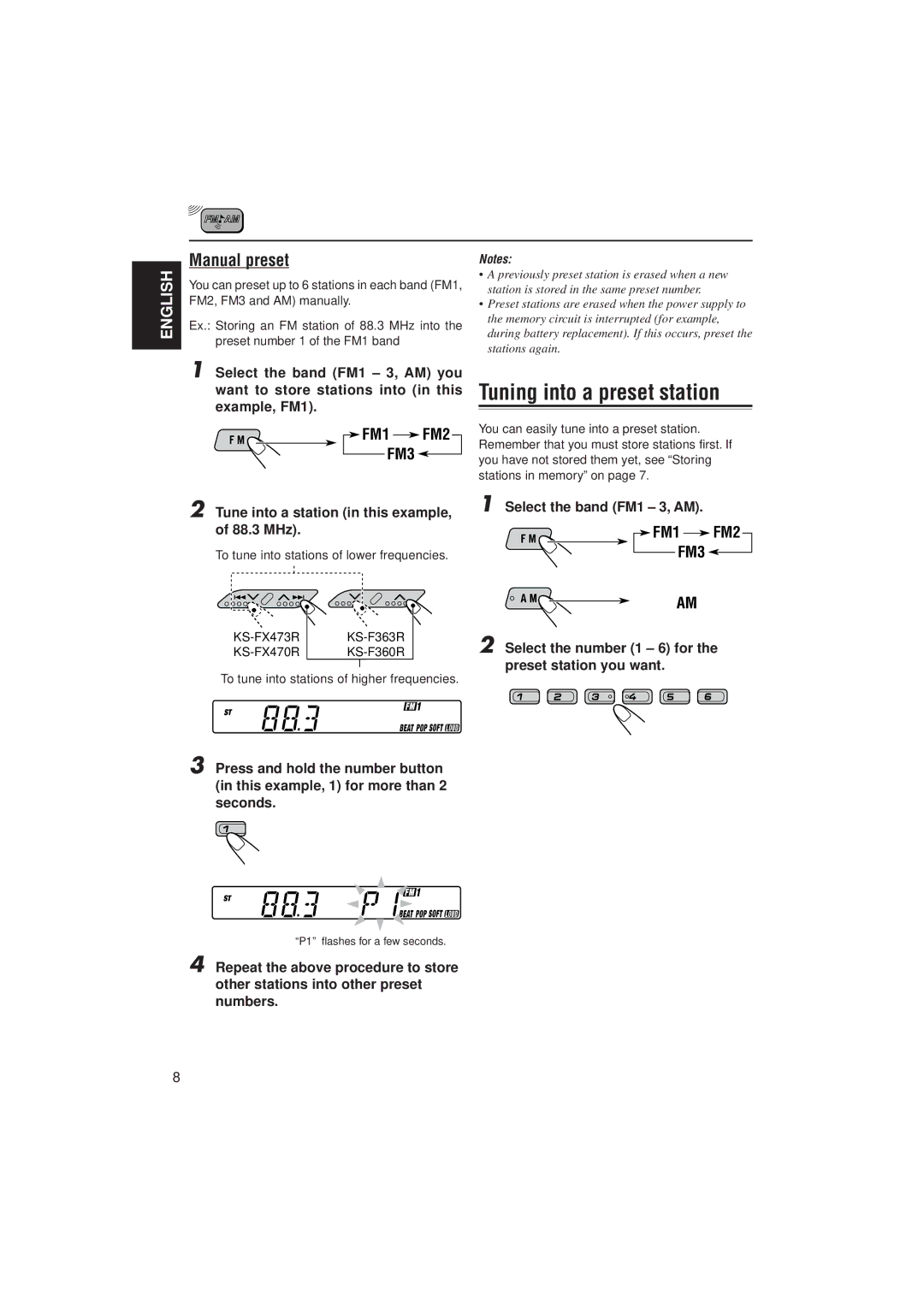 JVC GET0054-001A manual Tuning into a preset station, Manual preset, Tune into a station in this example, of 88.3 MHz 