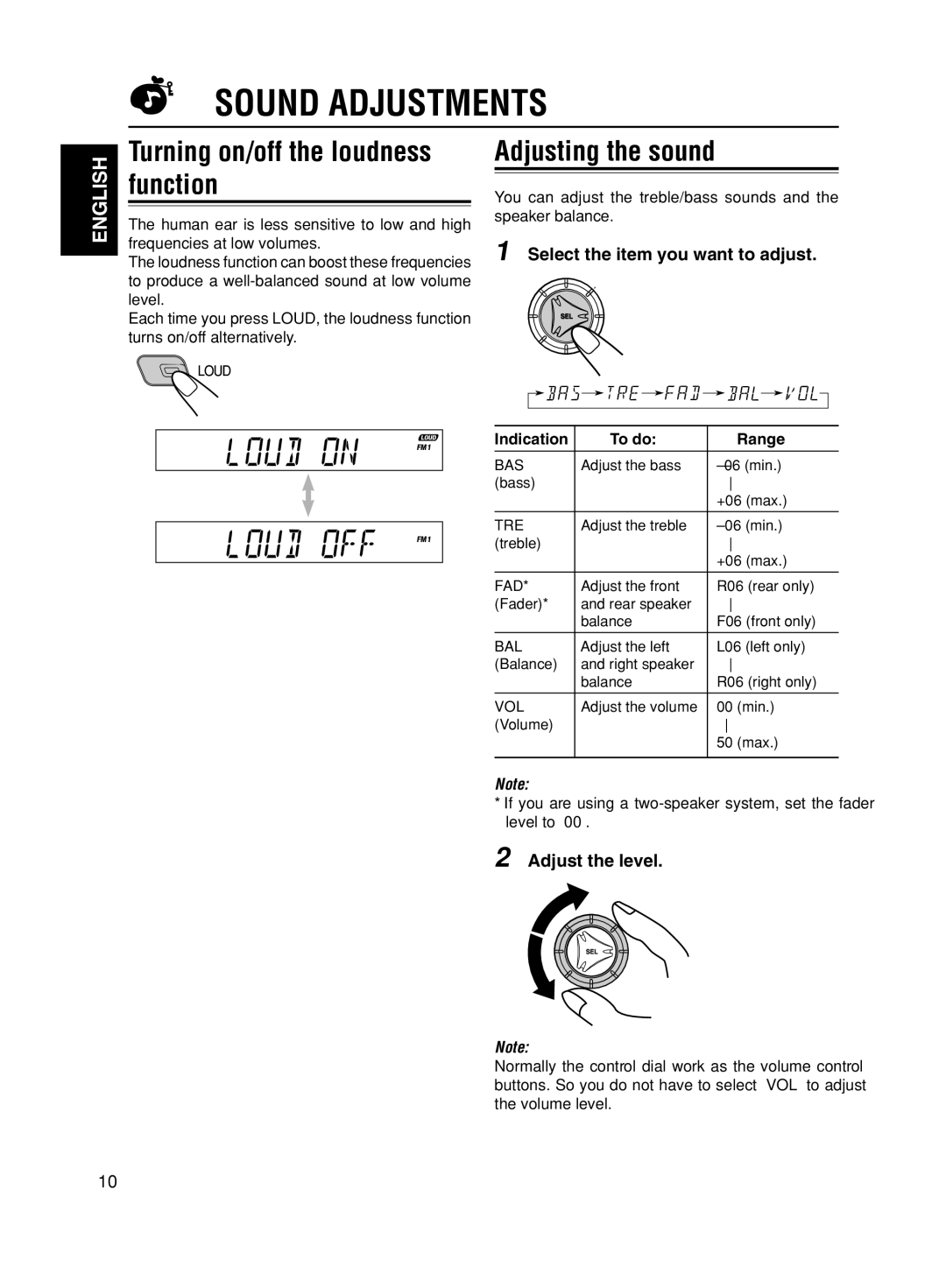 JVC GET0056-001A, KS-FX611 Sound Adjustments, Turning on/off the loudness function, Adjusting the sound, Adjust the level 