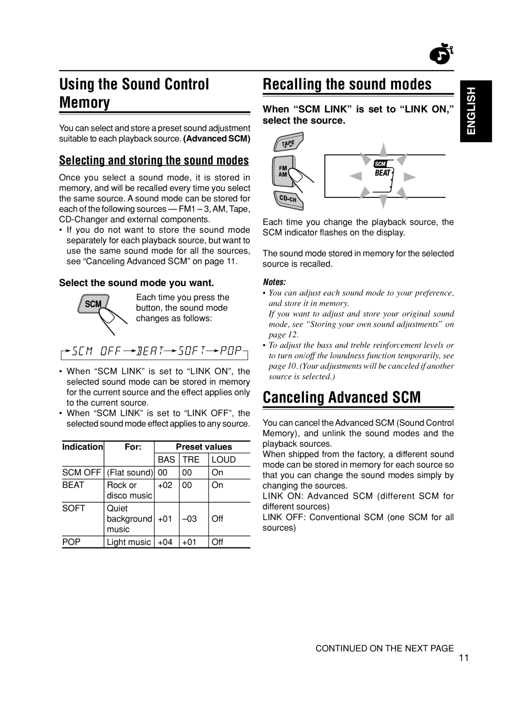 JVC KS-FX611, GET0056-001A manual Using the Sound Control Memory, Recalling the sound modes, Canceling Advanced SCM 