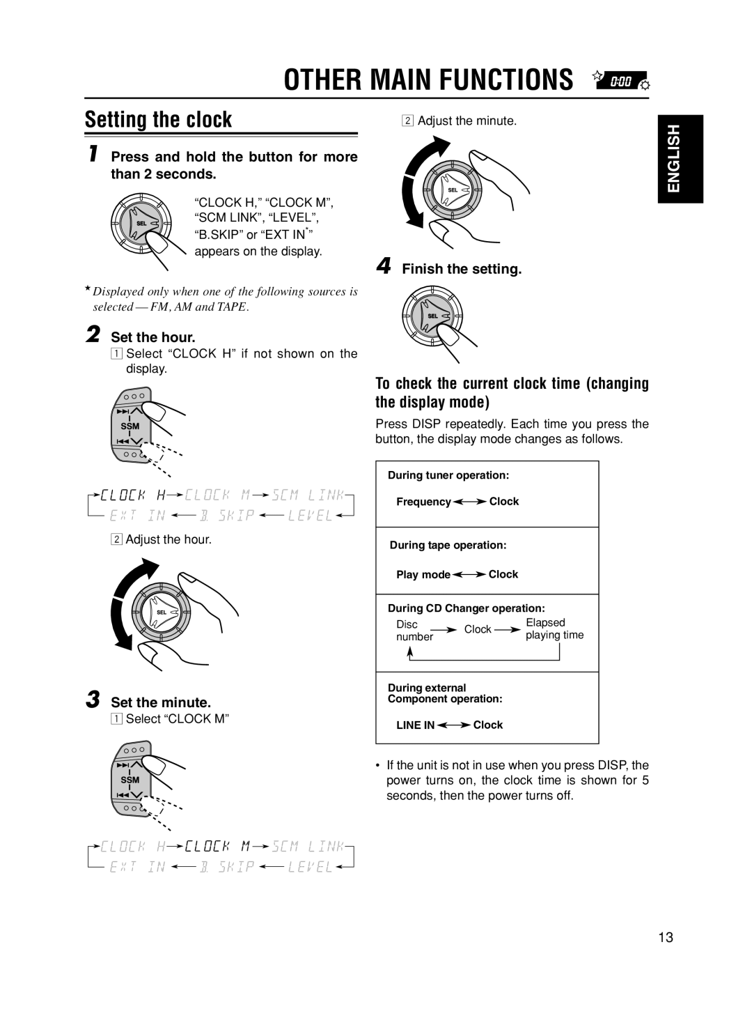 JVC KS-FX611 manual Other Main Functions, Setting the clock, To check the current clock time changing the display mode 