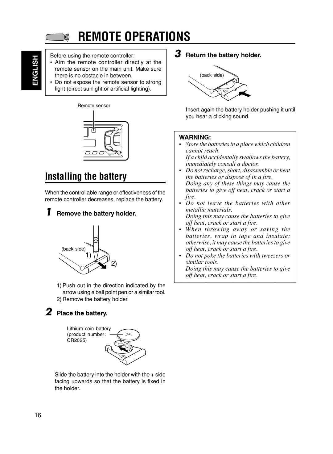 JVC GET0056-001A, KS-FX611 Remote Operations, Installing the battery, Return the battery holder, Remove the battery holder 