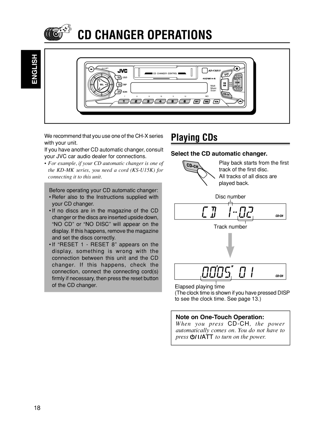 JVC GET0056-001A, KS-FX611 manual CD Changer Operations, Playing CDs, Select the CD automatic changer 