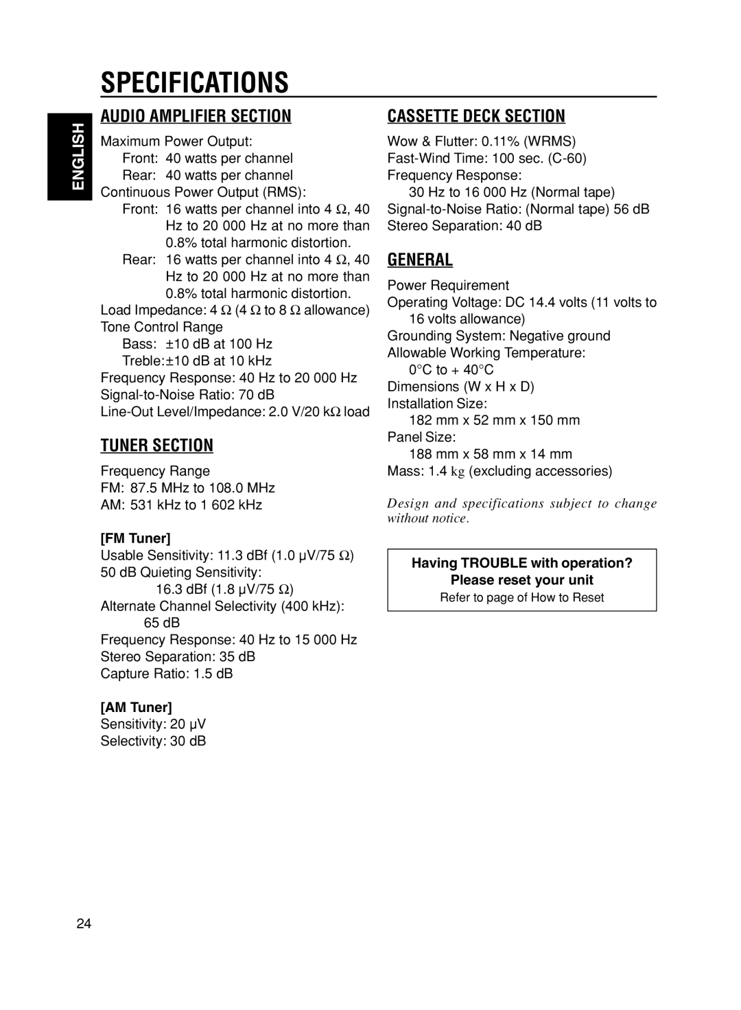 JVC GET0056-001A, KS-FX611 manual Specifications, FM Tuner, AM Tuner, Having Trouble with operation? Please reset your unit 