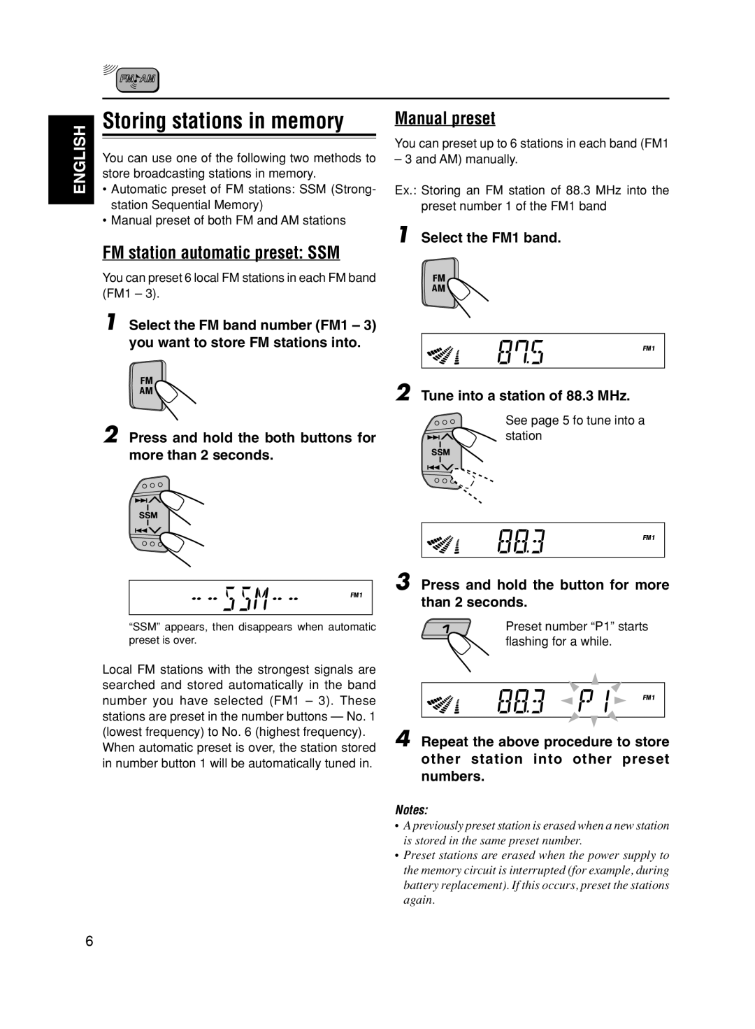 JVC GET0056-001A, KS-FX611 manual Storing stations in memory, FM station automatic preset SSM, Manual preset 
