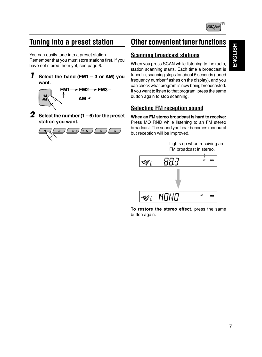 JVC KS-FX611, GET0056-001A Scanning broadcast stations, Selecting FM reception sound, Other convenient tuner functions 