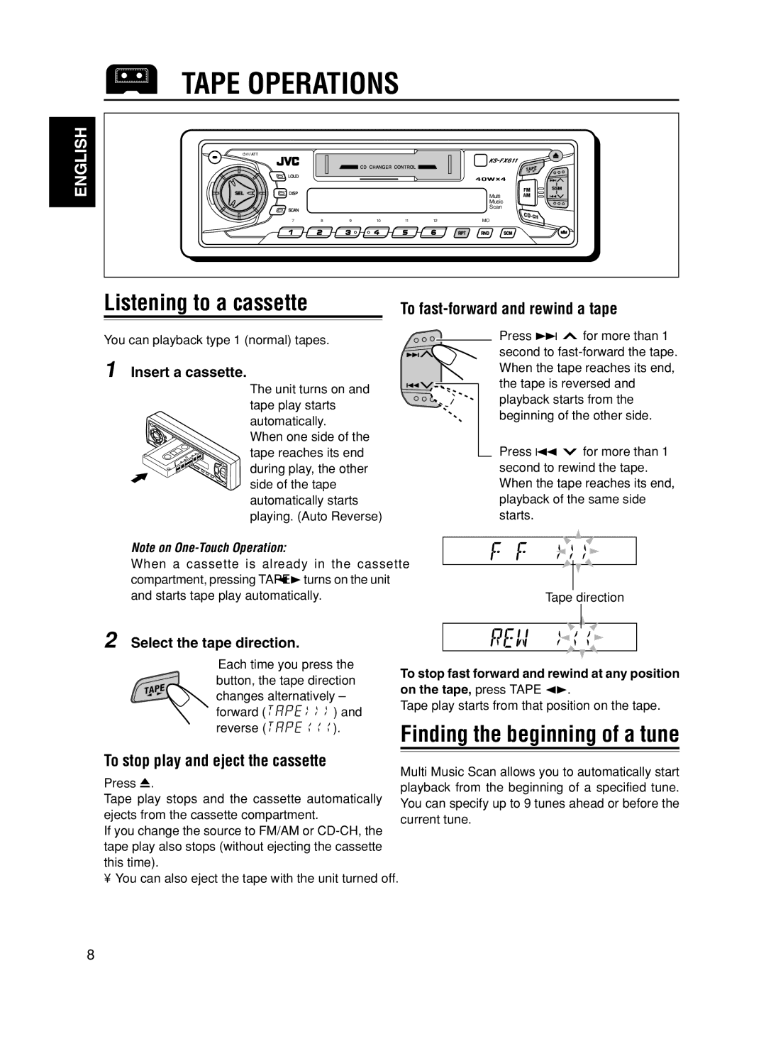 JVC GET0056-001A, KS-FX611 manual Tape Operations, Listening to a cassette, Finding the beginning of a tune 