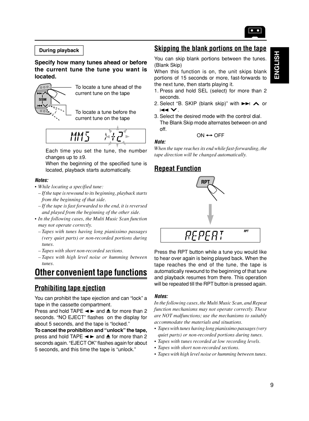 JVC KS-FX611, GET0056-001A manual Prohibiting tape ejection, Repeat Function, Skipping the blank portions on the tape 