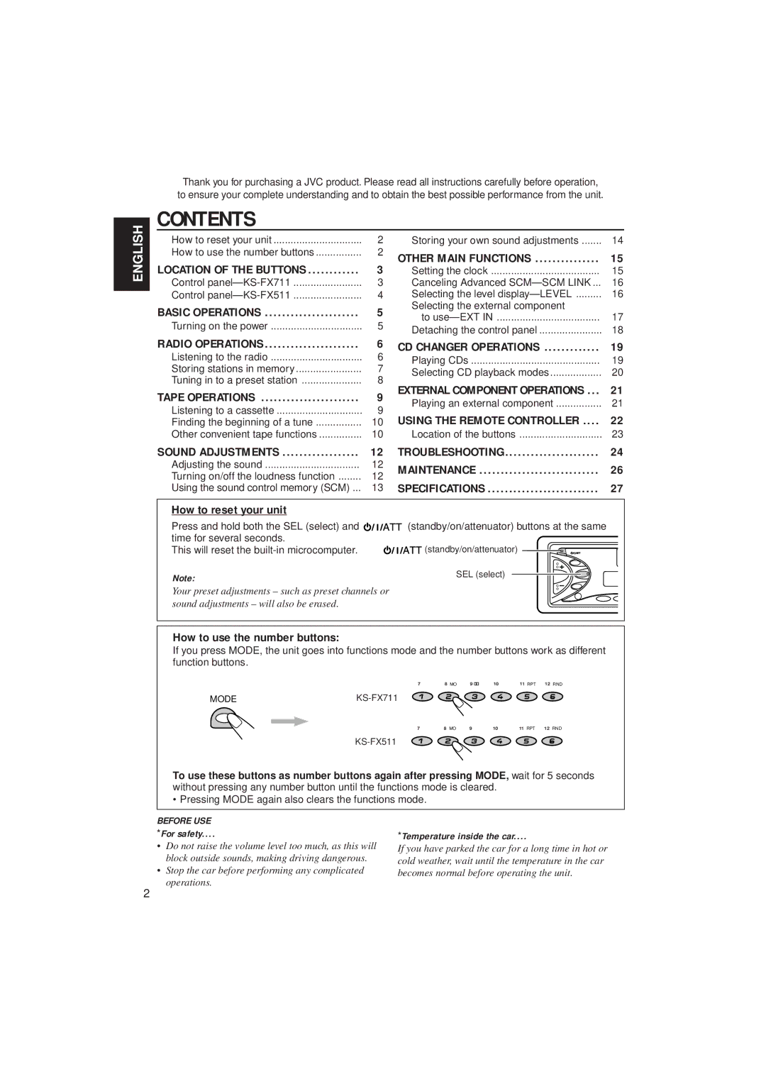 JVC KS-FX511, GET0063-001A, KS-FX711 manual Contents 