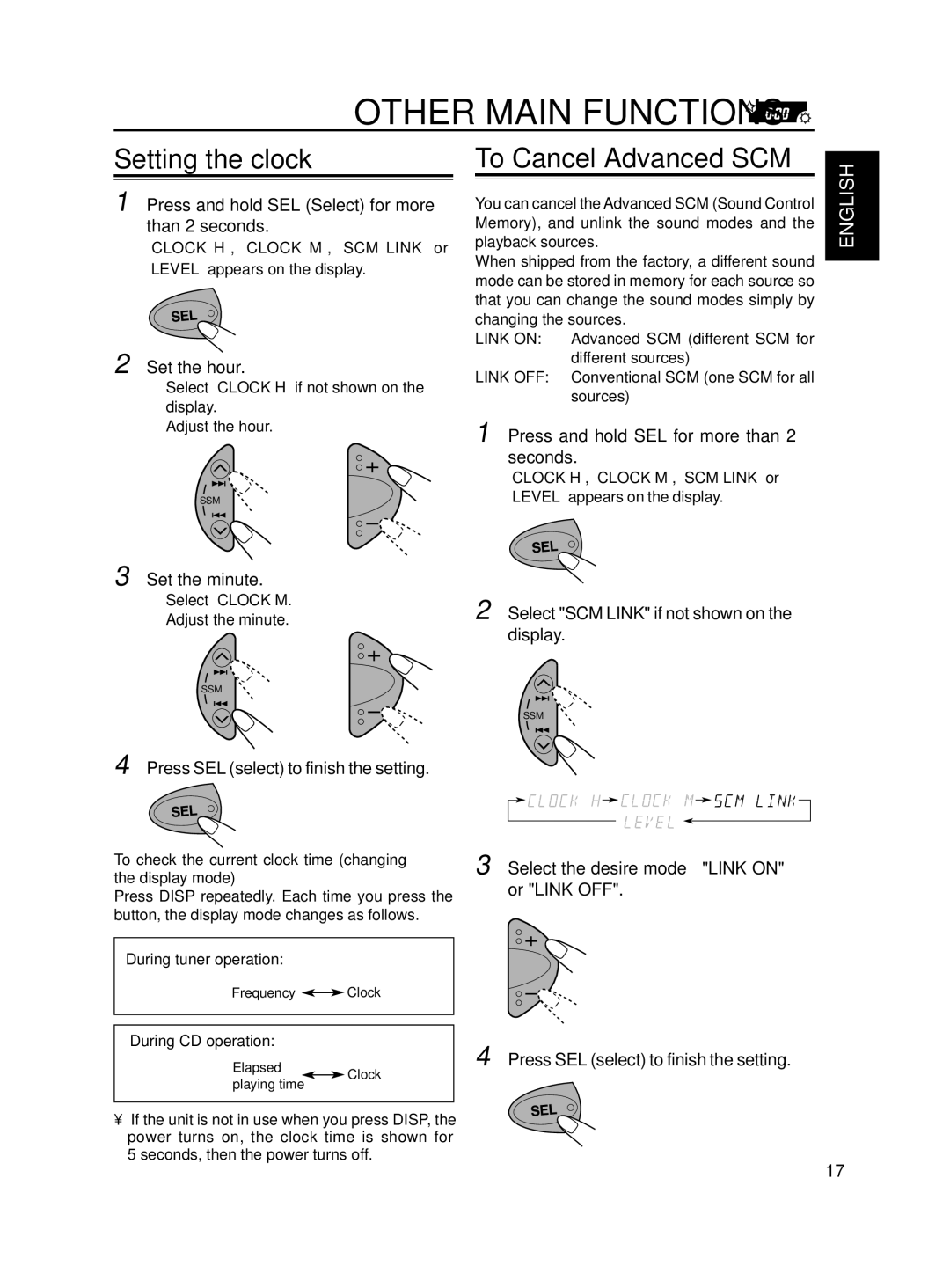 JVC KD-S585, GET0067-001A, KD-S685 manual Other Main Functions, Setting the clock, To Cancel Advanced SCM 