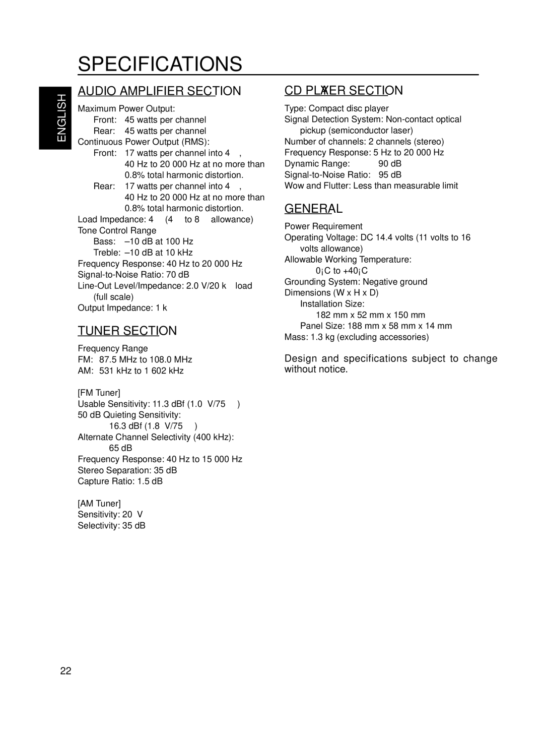 JVC KD-S685, GET0067-001A, KD-S585 manual Specifications, FM Tuner, AM Tuner, Sensitivity 20 µV Selectivity 35 dB 