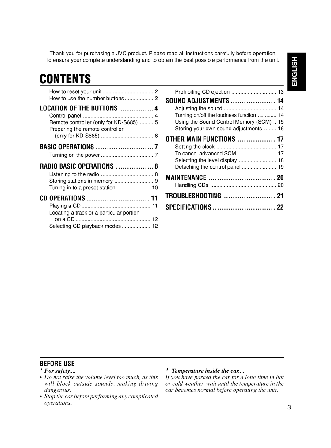 JVC GET0067-001A, KD-S685, KD-S585 manual Contents 