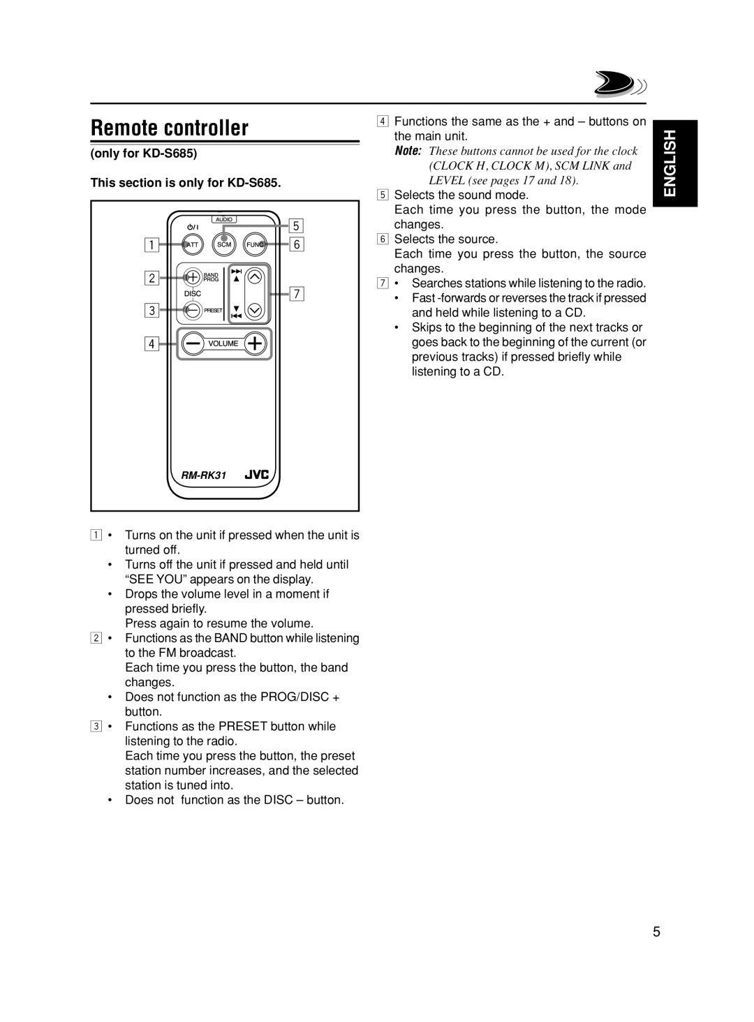 JVC KD-S585, GET0067-001A manual Remote controller, Only for KD-S685 This section is only for KD-S685 