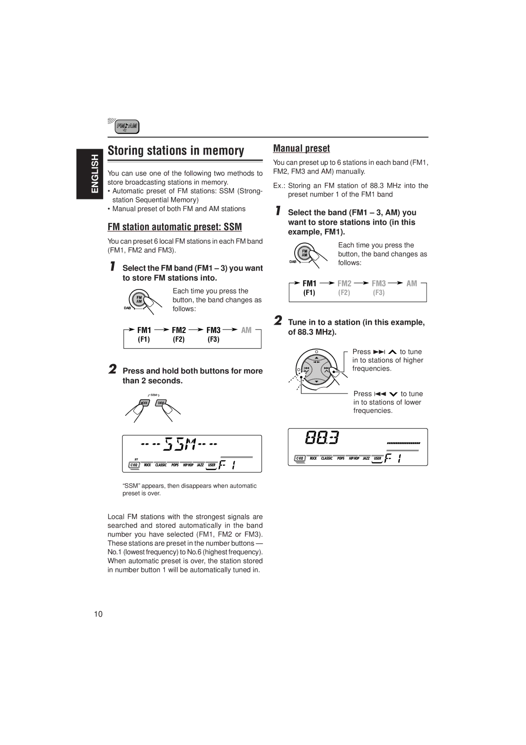 JVC GET0070-001A, 0302KKSMDTJEIN manual FM station automatic preset SSM, Manual preset, FM1 FM2 